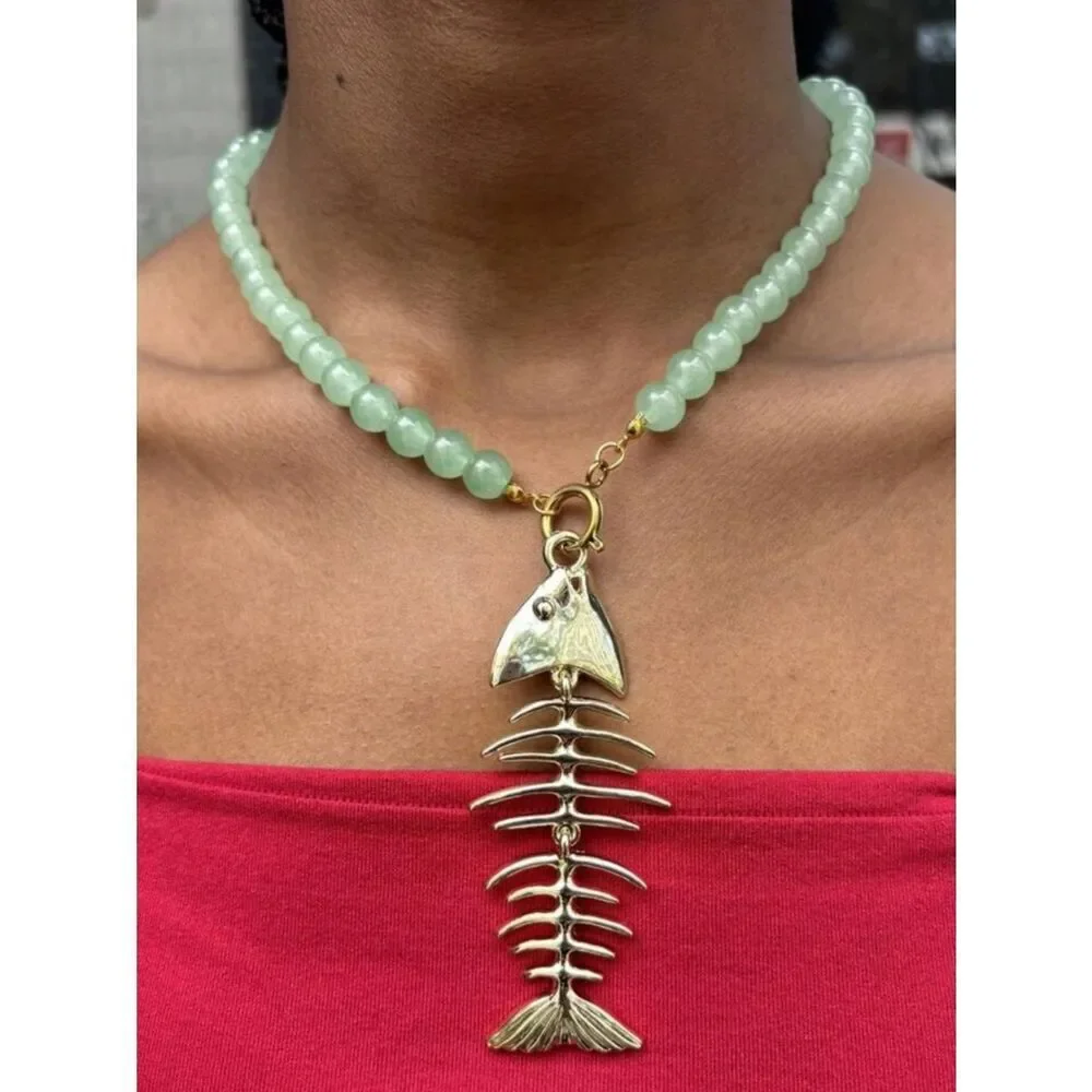Fishbone Pendant Beaded Necklace A1773
